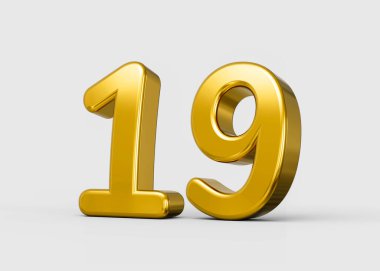 Altın metalik 3 boyutlu 19 numara parlak parlak yansıtıcı kaplamalı. 3d illüstrasyon