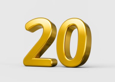 Altın metalik 3D numara 20 parlak parlak parlak yansıtmalı. 3d illüstrasyon