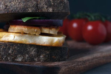 Ayrıntılı yan görünüm ızgara halloumi, kırmızı soğan ve arka planda bulanık domatesli koyu renkli çavdar ekmeğini gösteriyor.