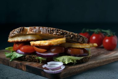 Sağlıklı vejetaryen sandviçin yanında ızgara halloumi peyniri, domates, kırmızı soğan ve marul var.