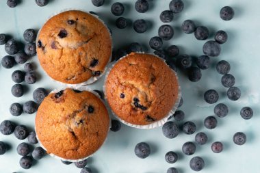 Üç yabanmersinli kek içeren estetik besin bileşimi. Parlak bir arka planda bir sürü taze böğürtlen serpiştirilmiş.