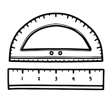Matematik ve geometri araçları ana hatları belirlendi. Cetvel ve iletki çizgisi sanatı. karalama biçimi geometri kümesi
