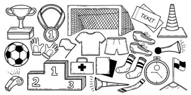 Hand drawn soccer icon set doodle style vector illustration. Football equipment sketch outline collection