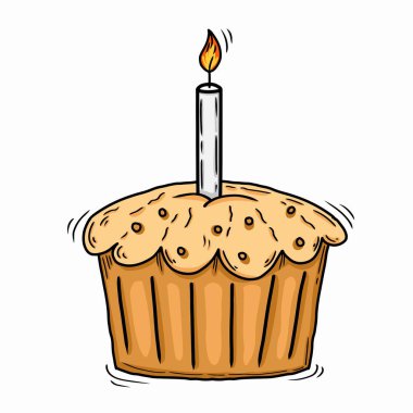 Hand drawn birthday cupcake with candle vector. Simple cartoon muffin doodle cake for celebration clipart
