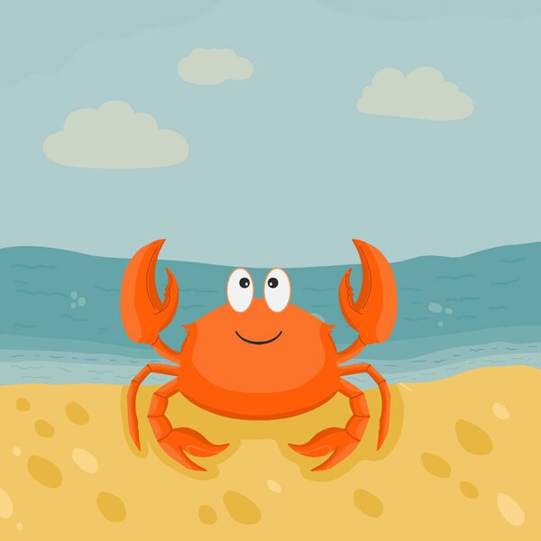 Симпатичный персонаж краба на векторной иллюстрации пляжа