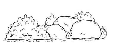 Beyaz arka planda el çizimleri ve kaya vektör çizimleri var. Peyzaj elementi çizgisi çizimi