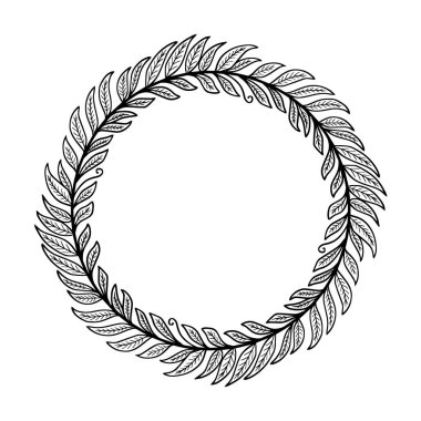 Siyah beyaz el çizilmiş defne çelengi çerçeve kenarı