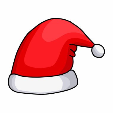 Klasik kırmızı Noel Baba şapkası çizgi film çizimi. Pom-pon klipsli el çizimi Xmas şapkası