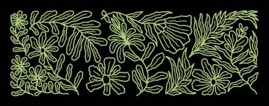 Estetik Yeşil Botanik Çizgisi Sanat Sanatçısı. Minimalist Çiçek Taslak Vektörü. Tek Renkli Çiçek ve Yapraklı Sınır