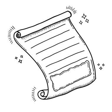 Sihirli kağıt tomarı el çizimi sanat vektörü. Elle çizilmiş karalama çizimi sihirli parşömenlerin resimleri