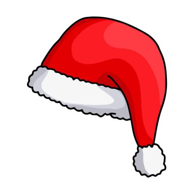 Klasik kırmızı Noel Baba şapkasının vektör çizimi. Kürklü ve ponponlu çizgi film tarzı şapka simgesi