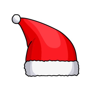 Klasik kırmızı Noel Baba şapkasının vektör çizimi. Kürklü ve ponponlu çizgi film tarzı şapka simgesi
