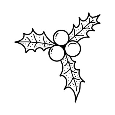 Hand drawn Holly leaves and berries icon. Christmas Doodle, Holly berry clipart in black and white outline