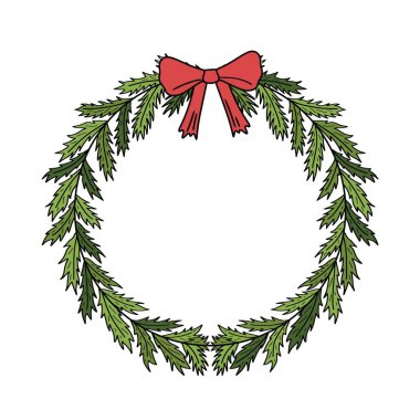 Kırmızı kurdeleli klasik Noel çam çelengi. Yılbaşı ve yeni yıl için el çizimi vektör ortamı