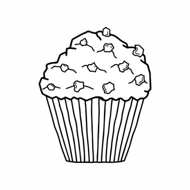 Klasik çikolatalı kek çizgisi sanatı. El çizimi basit siyah beyaz kek vektör çizimi