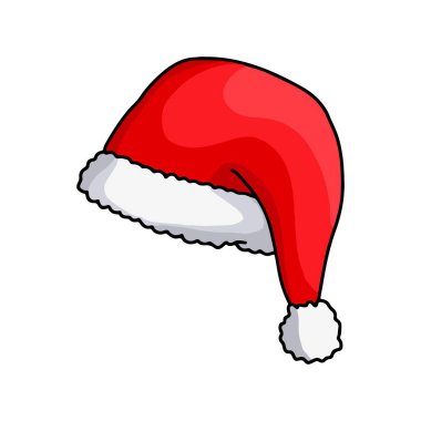 Klasik Noel Baba şapka vektör illüstrasyonu. El çizimi kırmızı ve beyaz noel şapkası grafiği beyaz arkaplanda izole edilmiş