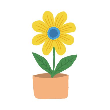 Şirin el çizimi çiçek sarısı papatya çiçeği bir saksı vektör çizimi