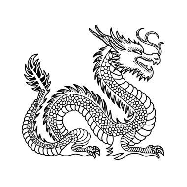 Çizgi sanatı geleneksel Çin ejderhası boyama kitabı için. El çizimi siyah beyaz geleneksel Japon ejderha vektör çizimi