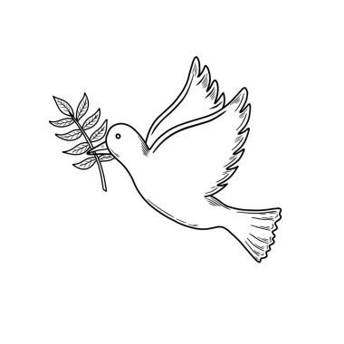 Uçan güvercin ve vektör çizimi. Boyama kitabı için el çizimi Barış Kuşu Çizimi