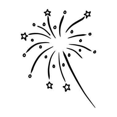 El çizimi siyah beyaz havai fişek hattı beyaz arka planda izole edilmiş. Karalama tarzında vektör illüstrasyonu. Kartlar, logolar, dekorasyonlar ve çeşitli tasarımlar için mükemmel.