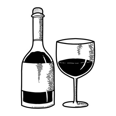 Elle çizilmiş oyma tarzı şarap şişesi ve cam vektör çizimi. Etiketler, ambalajlar ve kart tasarımları için klasik taslak ögesi beyaz üzerine izole edildi