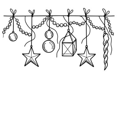 El çizimi Noel çelengi sınır çizimi. Karalama pankartı asan bayram süsleri