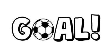 Futbol topu vektörüyle kelime sanatı. El çizimi çizgi film metni GOAL