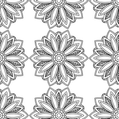 Boyama kitabı vektörü için kusursuz çiçek mandala deseni. Siyah ve beyaz doğrusal çizim mandala süsü