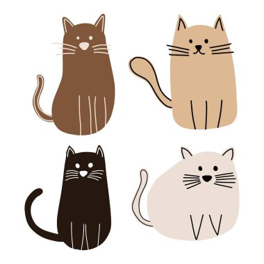 Dört sevimli el çizimi kedi karakteri. Sevimli çizgi film kawaii kedi yavruları koleksiyon vektör illüstrasyonu