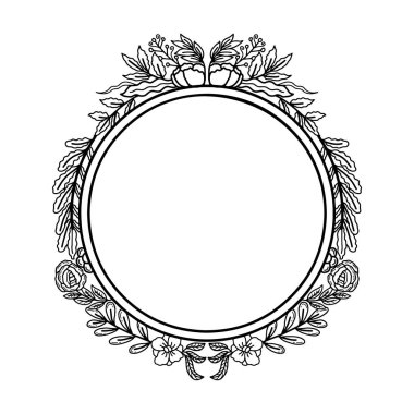 Yaprak ve çiçeklerle süslenmiş klasik çiçek çelengi taşıyıcı çerçeve. Zarif el çizimi çiçek sınır çizimi. Düğün davetiyeleri için botanik yuvarlak çerçeve