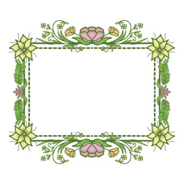 Yeşil yapraklı ve çiçek vektör resimli klasik dikdörtgen çerçeve. Tebrik kartları veya düğün kırtasiyesi için el çizimi çiçek çerçevesi vektörü