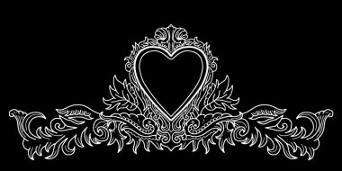 Siyah-beyaz, klasik kalp süsü sınır tasarımı. Düğün, tebrik kartı, pankart, reklam, poster, etiket, kapak tasarımı
