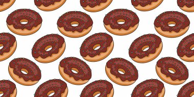 Kusursuz çikolatalı çörek desenli vektör çizimi. Çikolata kaplı, dikişsiz tatlı çörek deseni, tatlı desenli. Çikolata soslu çörek.
