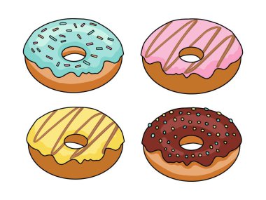 Renkli çörek seti. Çizgi film donutları pembe, mavi, sarı ve kahverengi renkli vektör illüstrasyonlarıyla dizilmiş.
