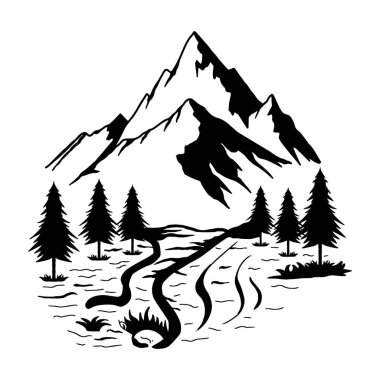 A serene mountain view with winding rivers and pine trees. Wildlife sketch style silhouette