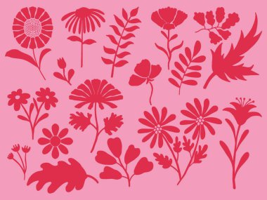 Pembe el çiçekli siluet ve botanik yaprak seti. Tasarım için yumuşak arka planda canlı pembe çiçekli siluetler