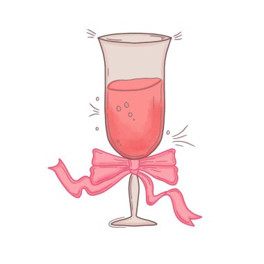 Şirin kurdeleli pembe bir şampanya kadehinin el çizimi. Kokteyl estetiği. Düğün davetiyeleri için bekarlığa veda partisi unsurları