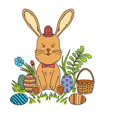 Baharda renkli yumurta ve sepetli şirin Paskalya tavşanı.