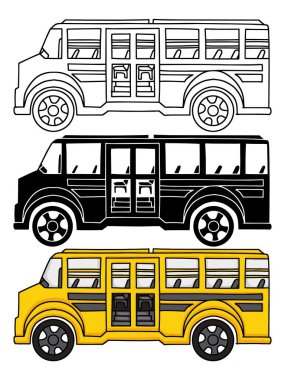 Okul otobüsü çizimleri, silueti ve sarı versiyonlarıyla çizilmiş. Eğitim ve öğrenci ulaşımı için elle çizilmiş okul servisi simgesi koleksiyonu