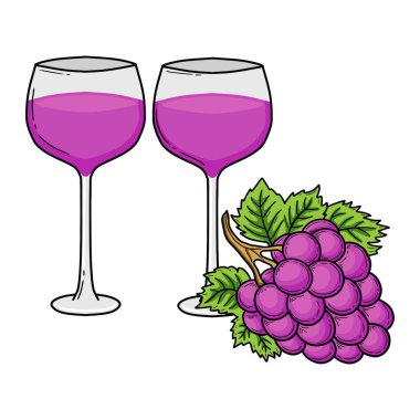 Bir demet mor üzümlü vektör illüstrasyonlu taze üzüm suyu. İki kadeh kırmızı şarap ve taze mor üzüm ve yapraklar çizilmiş.