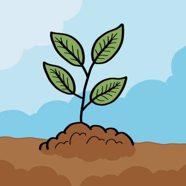 Toprak vektör illüstrasyonundan büyüyen genç yeşil bitki. El çizimi küçük tohum toprak höyük karalama gökyüzü arkaplan
