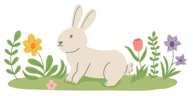 Renkli bir çiçek bahçesi çizimi içinde el çizimi şirin beyaz tavşan. İlkbahar çiçekleri ve yapraklarıyla çimlerin üzerinde oturan tuhaf tavşan.