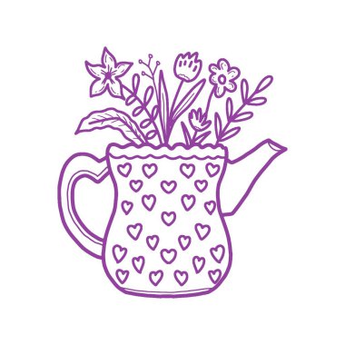 Dekoratif çaydanlık çiçeği vazosu illüstrasyon, şirin mor çizgi çizimi bahar için minimalist mor çizgi çizimi.