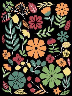 El yapımı botanik çiçekleri çiçek yaprakları ve çiçek desenleri için hazırlanmış böğürtlen vektörleri. Desenler için bitkisel botanik grafikleri