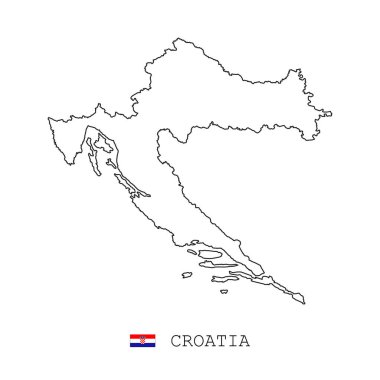 Hırvatistan harita çizgisi, doğrusal ince vektör basit e ve bayrak çizgisi. Beyaz arkaplanda siyah