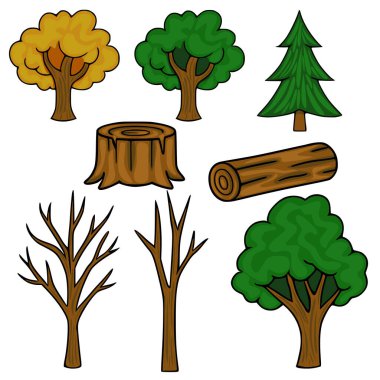 Sonbahar ve yaz yaprakları, çıplak bir kış ağacı, bir çam ağacı, bir ağaç kütüğü ve bir kütük içeren çeşitli orman elementlerinden oluşan büyüleyici bir vektör koleksiyonu..