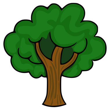 Yemyeşil yapraklı ve desenli kahverengi gövdeli tuhaf ağaç vektör çizimi.