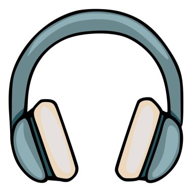 Yumuşak mavi saç bandı ve krem renkli kulaklıkları olan, siyah kulaklıklı aşırı kulaklıkların minimalist vektör çizimi..