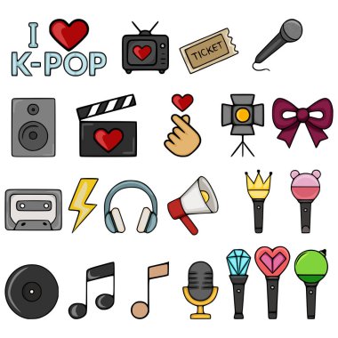 Mikrofonlar, konser biletleri, kulaklıklar ve fan lambaları gibi K-pop müzik ve eğlence simgelerinden oluşan canlı bir vektör koleksiyonu.
