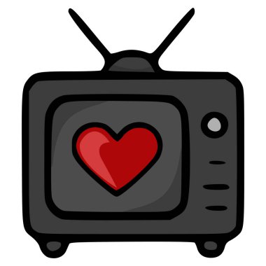 Etkileyici klasik televizyon vektör çizimi canlı kırmızı bir kalp gösteriyor, aşk ve nostalji temalarını çağrıştırıyor..